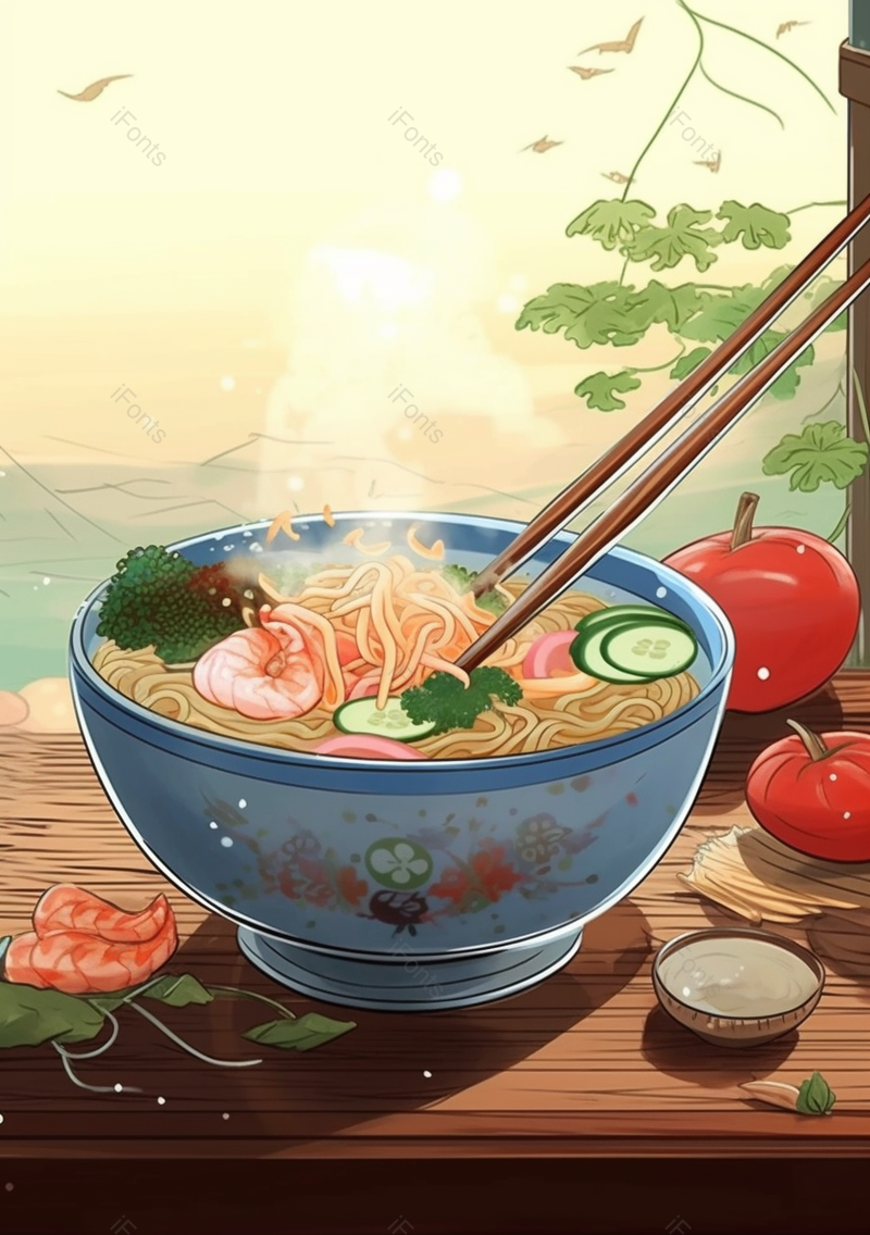 红色热气腾腾的番茄海虾和面条黄瓜背景,插画/手绘图,插画/手绘图库,插画/手绘图下载,插画/手绘